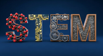 STEM acronym rendered in 3D, with each letter showcasing a different scientific field: molecular structure, circuitry, gears, and mathematics