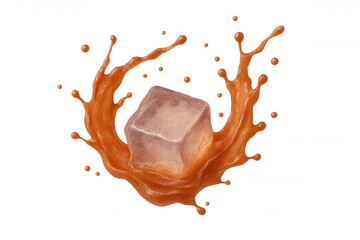 Sparkling ice cube splashing into vivid orange liquid, creating dynamic beverage visual with clean transparent background for marketing design