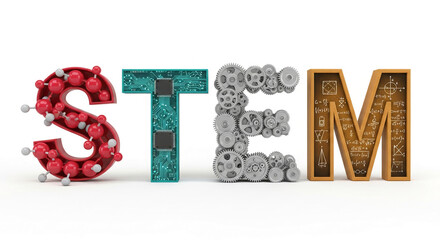 3D STEM acronym letters composed of molecules, circuit board, gears, and math formulas, representing education, technology, and innovation