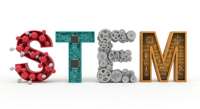3D STEM acronym letters composed of molecules, circuit board, gears, and math formulas, representing education, technology, and innovation
