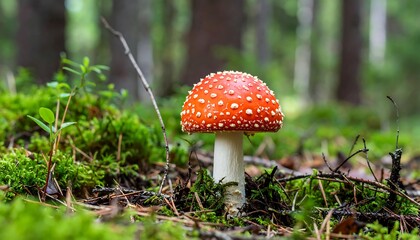 Red and white spotted mushroom in a forest.