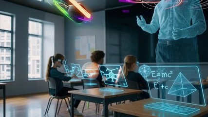 Children learning STEM subjects with AR glasses and holographic simulations, representing future skills, science education and digital innovation - Powered by Adobe