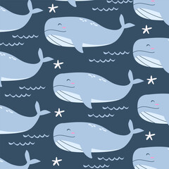 whales fish sea vector cartoon seamless pattern for kids apparel fullprint fabric