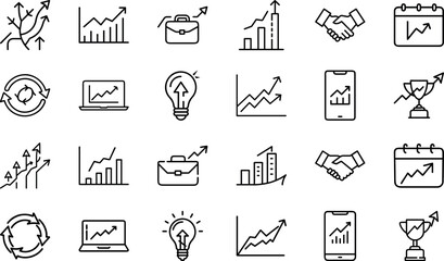 Business, Finance, and Marketing Growth Line Icons Set – SEO, Startup, Strategy, Analytics, Investment, Digital Marketing, Success, Data Analysis, Mobile Marketing, Innovation and Goal Achievement Vec