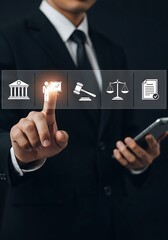 Business professional interacting with legal icons