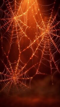Spider web illuminated with orange light on dark background. Footage, template, Halloween background