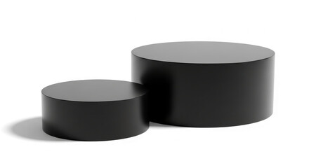 Two black cylindrical podiums, one smaller atop a larger one, set against a white background, showcasing a minimalist product display concept ideal for presentations or branding
