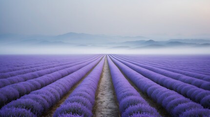 Fototapeta premium Panoramic view of a lavender field at sunrise, showcasing rows of purple lavender plants under a misty sky, creating a serene and tranquil mood with a low-angle