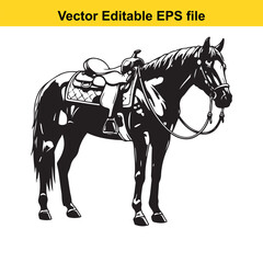 Fototapeta premium Black and white illustration of a saddled horse isolated on white background