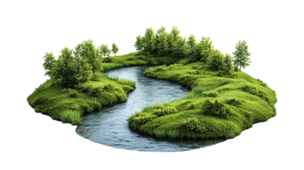 Curved river landscape with lush greenery isolated on white transparent background