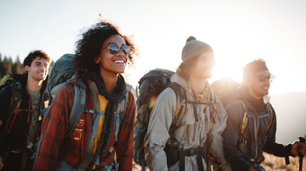 Fototapeta premium Group of friends hiking with backpacks on a sunny day in the mountains and smiling happily