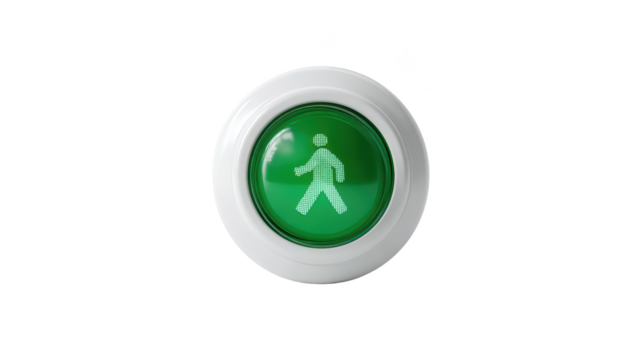 Illuminated green pedestrian crossing button, isolated on black