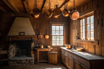 Countryside kitchen, copper pots hanging, warm rustic wooden walls