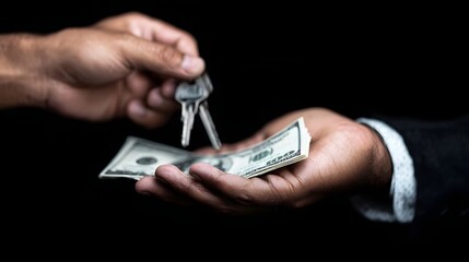 Hands exchanging cash and real estate keys during a property deal