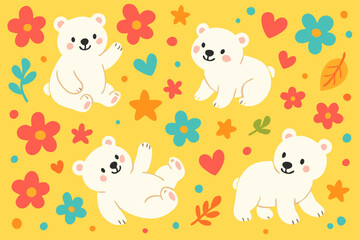 Obraz premium Playful Polar Bears in Colorful Floral Design, Whimsical Illustration, Cheerful