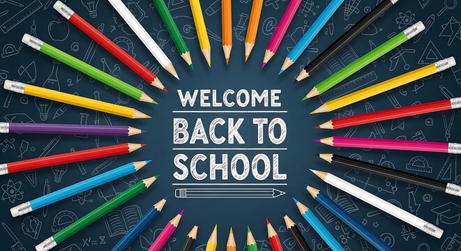 Brightly colored pencils radiate around a "welcome back to school" message on a chalkboard surface symbolizing education and learning