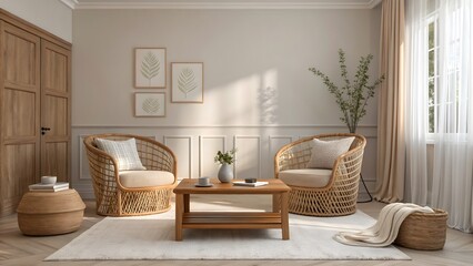 Elegant living room interior design with wicker chairs, natural light, and cozy atmosphere