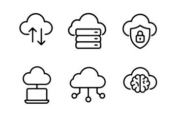 A set of 6 minimalist black line icons on white background illustrating cloud computing, storage, security, AI, and networking concepts. Ideal for IT 