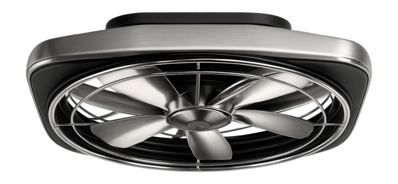 Ceiling-mounted axial fan with a low-profile design for commercial buildings.