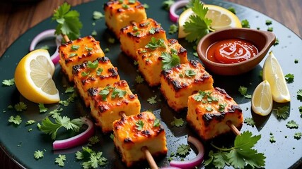 Grilled paneer tikka skewers glistening with flavor, ready to be served with a spicy dipping sauce and lemon wedges for a delectable culinary experience