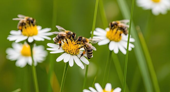 Two bees pollinating white daisy flowers in a vibrant green meadow on a sunny day, close-up of nature