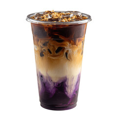 Iced coffee drink with cream and purple layers isolated on transparent background