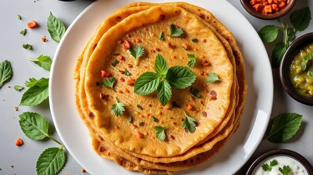 Stack of tasty paratha flatbreads with dipping sauces, capturing authentic Indian cuisine culture with vibrant colors and aromatic spices