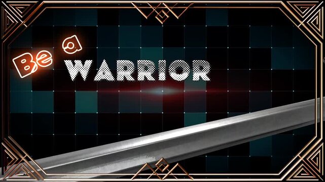 texte en anglais "Be a warrior not a worrier" sur fond sombre quadrill&eacute; avec effets lumineux orange et blanc, typographie contrast&eacute;e et cadre d&eacute;coratif g&eacute;om&eacute;trique &eacute;l&eacute;gant