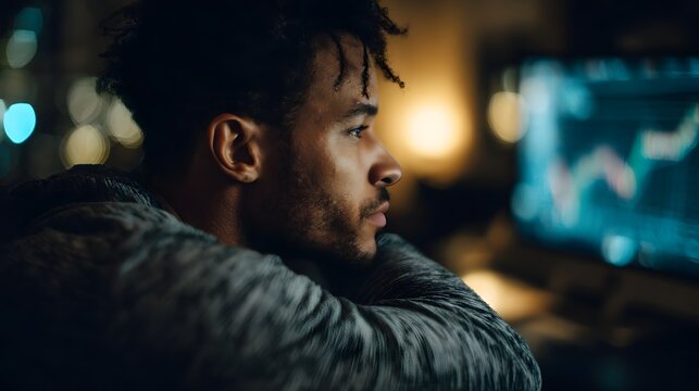 A young investor closely watching market news in a dimly lit home office  long title A focused young professional intently observing financial data
