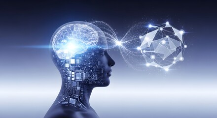 Humanoid head with glowing brain connected to a digital network.