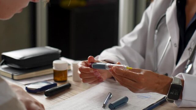 Doctor consulting patient with insulin pen and diabetes medication