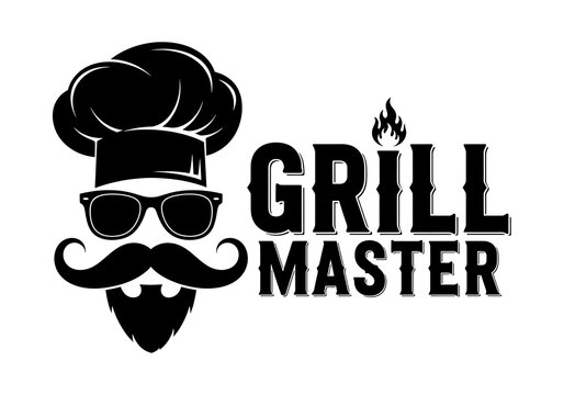 Master chef grill master icon with stylish mustache and chef hat ideal for culinary branding and bbq enthusiasts