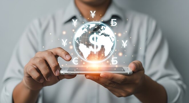 Global digital economy interaction person using smartphone with holographic earth data network futuristic technology connection