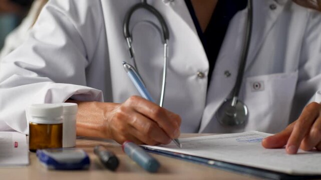 Doctor writing medical prescription with diabetes medication on desk