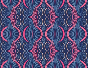 Abstract, repeating pattern of flowing lines and organic shapes in shades of pink, blue, and gray