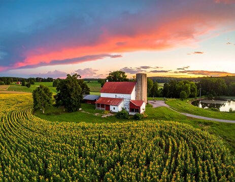 Aerial view of a farmhouse at sunset over a sunflower field