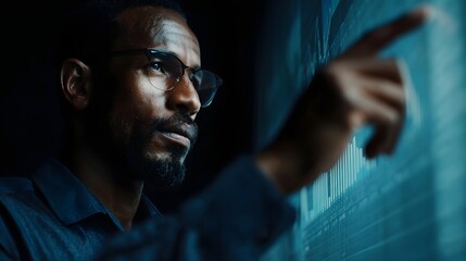 Finance manager reviewing performance dashboard in tech driven work environment