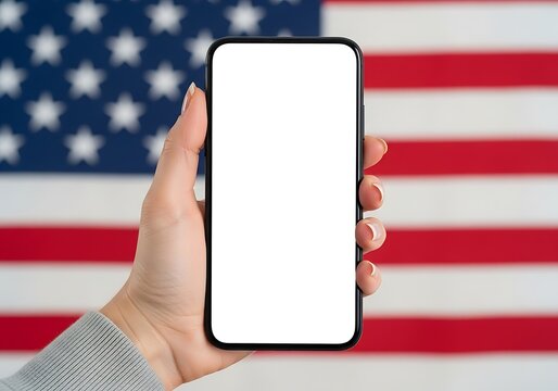 Hand holding a modern smartphone with a blank white screen in front of a vibrant american flag symbol of freedom and technology. - Powered by Adobe
