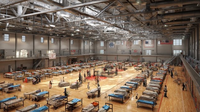 Spacious interior of makeshift hospital beds in an expansive sports hall