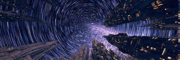 Shadow realm kingdom where time flows backward with inverted architecture and star trails