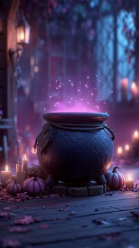Witch's golden cauldron filled with boiling potion with burning candles and pumpkins on a blurred background with bokeh. Mysterious, magical atmosphere of Halloween