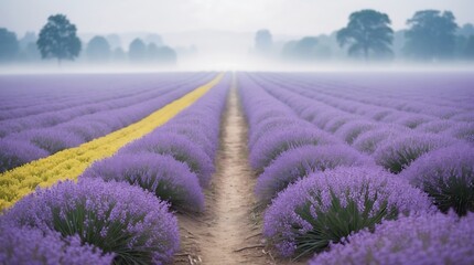 Obraz premium Lavender field perspective: a misty sunrise path through rows of purple lavender plants, showcasing a vibrant yellow flower strip, creating a serene and peaceful mood.