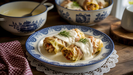 Stuffed cabbage rolls with cream sauce, grandmother's kitchen setting
