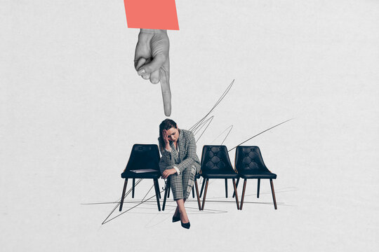 Full 3d zine pop trend collage of puzzled employee girl sit stool fired vacancy jobless workload hand point bullying pressure