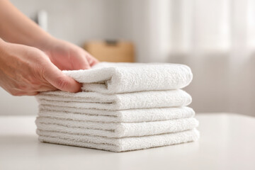 person is folding a neat stack of clean, white towels in a bright and serene setting, evoking cleanliness and order
