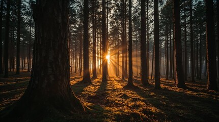 Obraz premium Sunlight streaming through tall forest trees