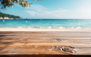 Fototapeta premium Empty wooden table light brown wood texture Blurred background, sea view and beach