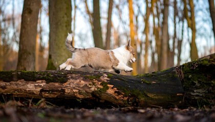 A playful puppy leaps over a fallen log in a sunlit forest