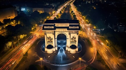 Aerial view of illuminated Barcelona urban scape with Triumphal Arch (Arco de Triunfo) at dusk, France a street scene with focus on a church tower and a car