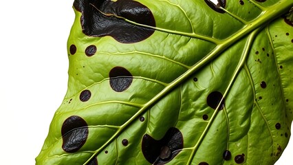 Abstract close-up of a wilting green leaf with dark spots, starkly contrasted against a sterile white background.